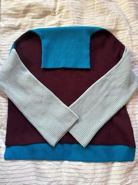 MIRACLE USA Colorblock Rib-Knit Women's Sweater - Burgundy, Teal & Light Gray